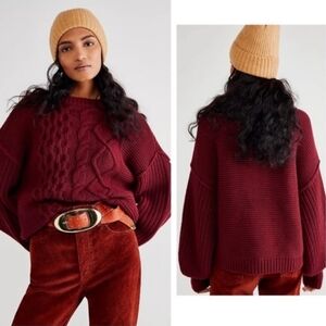 Free People Burgundy Cable Knit Sweater